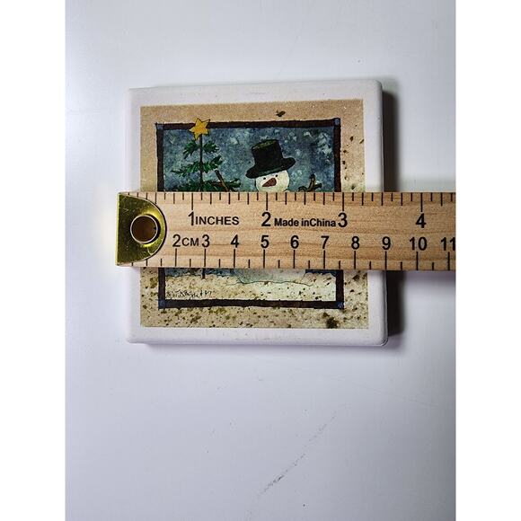 Winter Rustic SNOWMAN Absorbent Coaster Cork Backing Set of 4 with box - Picture 4 of 5